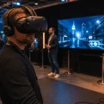 Animation casque réalité virtuelle en salon pro : participant avec casque VR