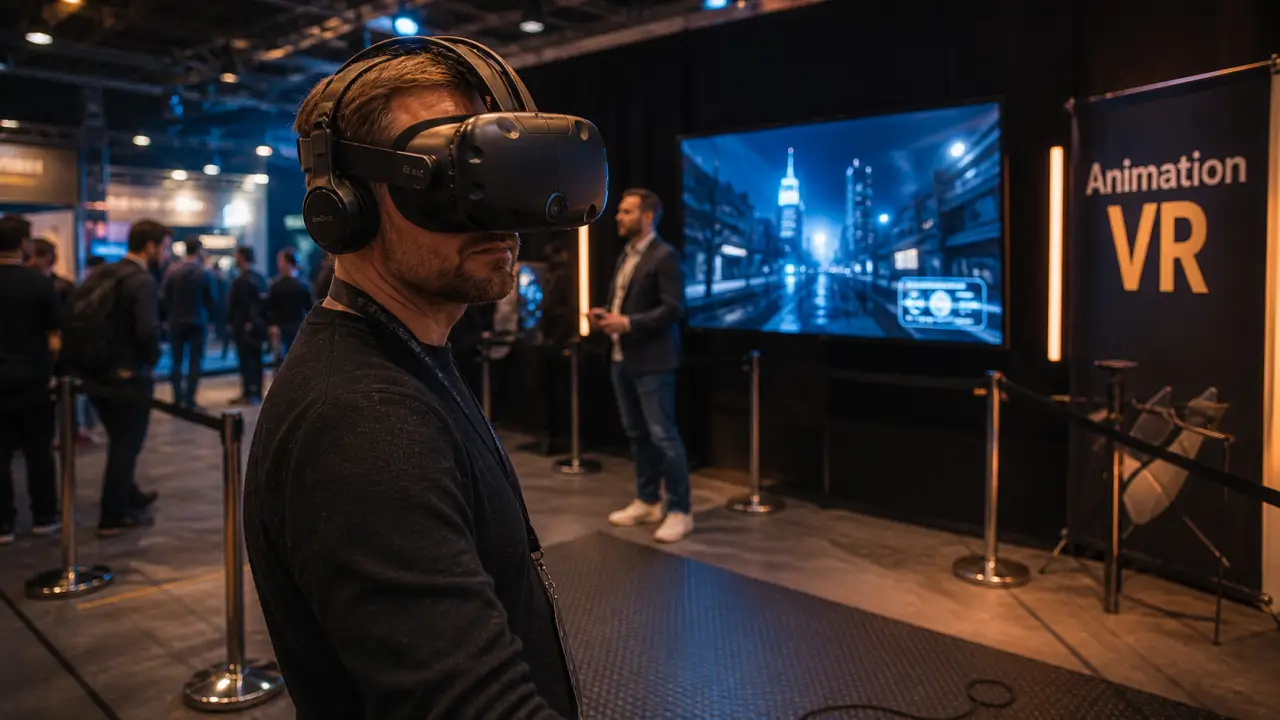 Animation casque réalité virtuelle en salon pro : participant avec casque VR