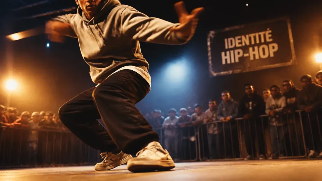 Danseur hip hop en battle sur scène, hit et poussière au sol