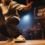Danseur hip hop en battle sur scène, hit et poussière au sol