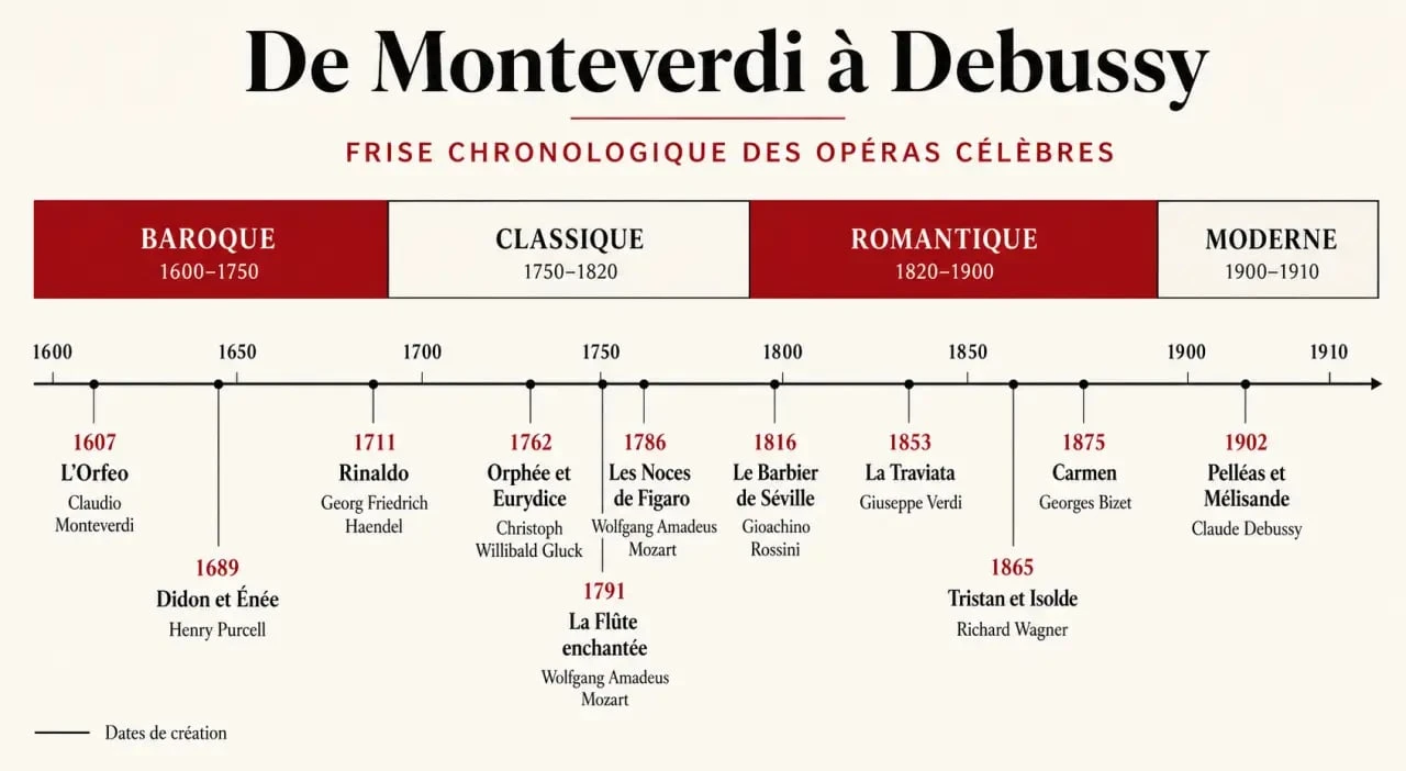 Liste opéras célèbres illustrée par une frise chronologique des grands titres de Monteverdi à Debussy
