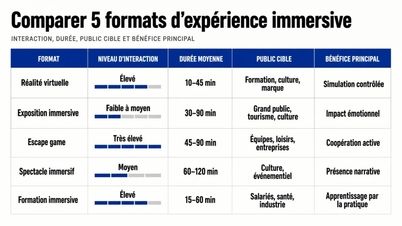 Comparatif des formats d’experience immersion : réalité virtuelle, exposition immersive, escape game, spectacle immersif et formation immersive