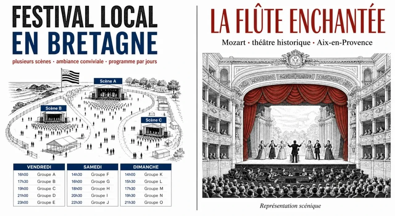 La flute enchantée festival : comparaison visuelle entre le Festival La Flume Enchantée à Gévezé et La Flûte enchantée de Mozart au Festival d’Aix-en-Provence