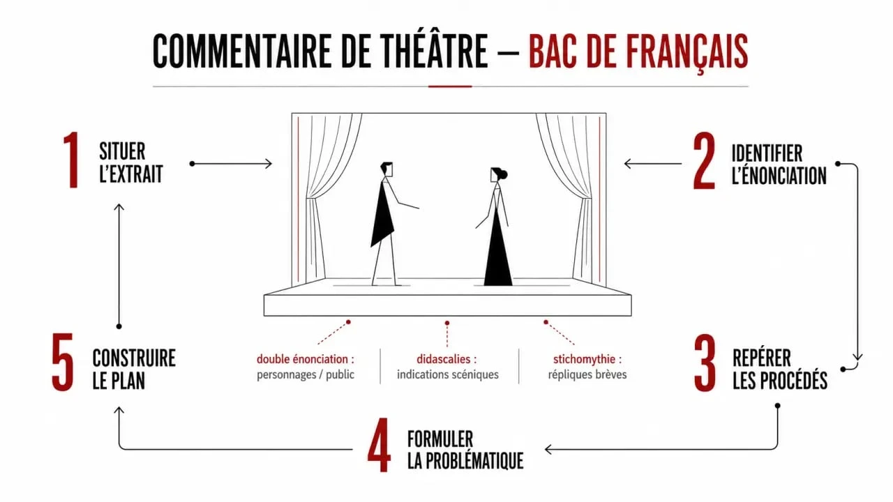 Commentaires sur le théâtre : schéma des 5 étapes pour analyser un extrait au bac