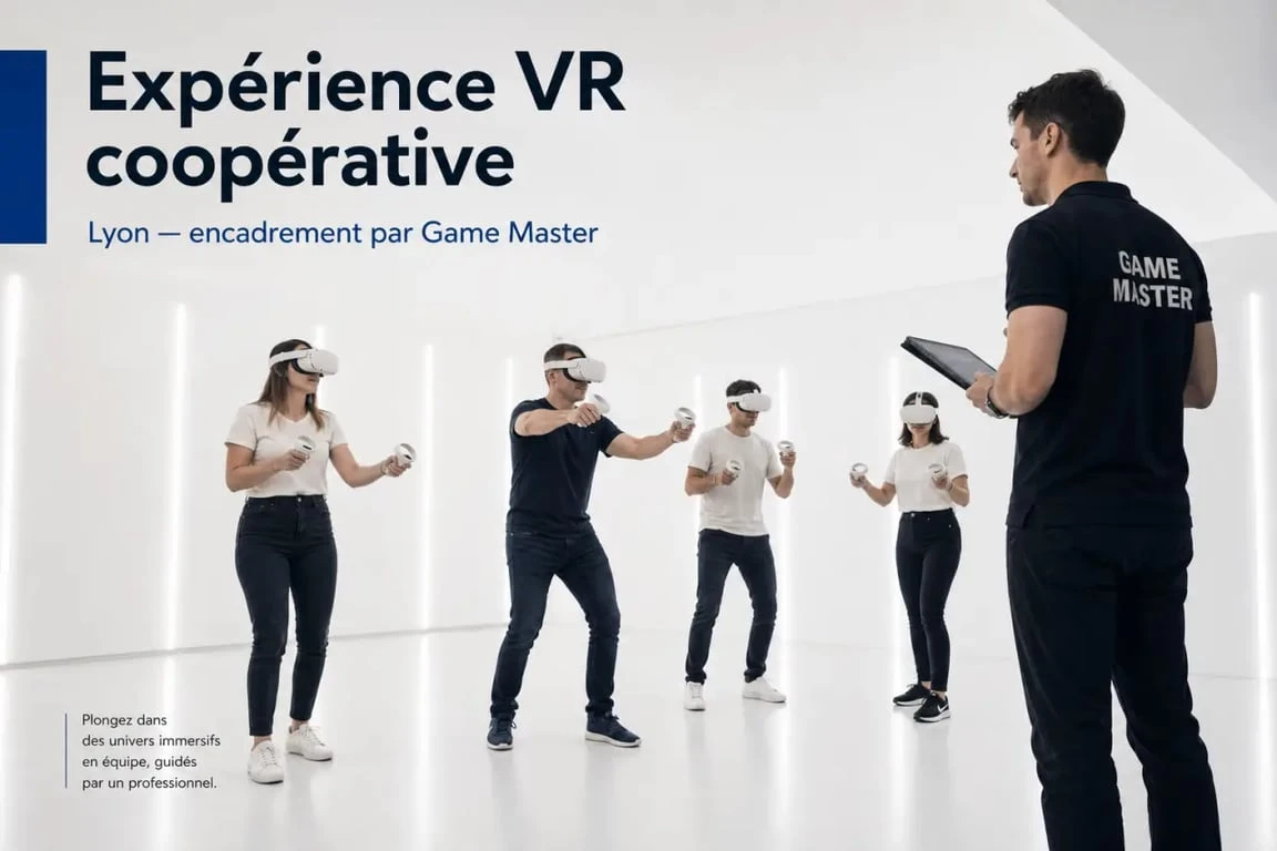 DreamAway Lyon : groupe en réalité virtuelle collective dans un espace immersif à Lyon