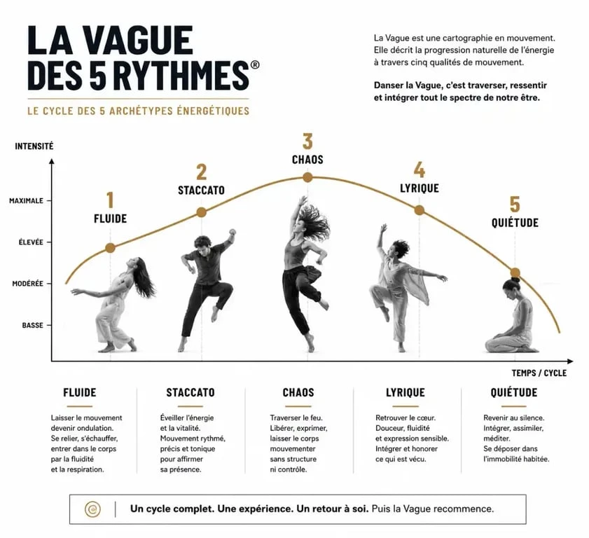 Infographie illustrant la progression de la Vague dans la danse des 5 rythmes