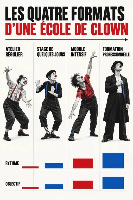 Infographie sur les formats d’une école de clown : atelier, stage, module intensif et formation professionnelle