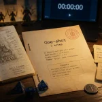 Scénario jeu de role : une table avec dés et carnet one-shot 3 actes