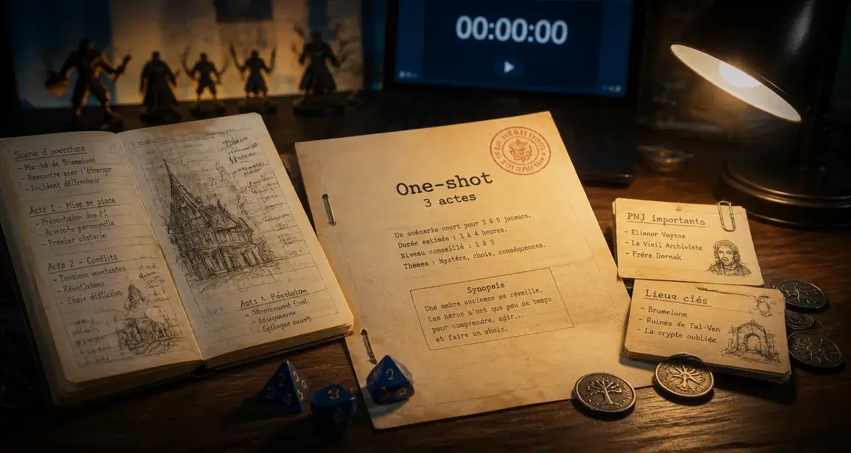 Scénario jeu de role : une table avec dés et carnet one-shot 3 actes