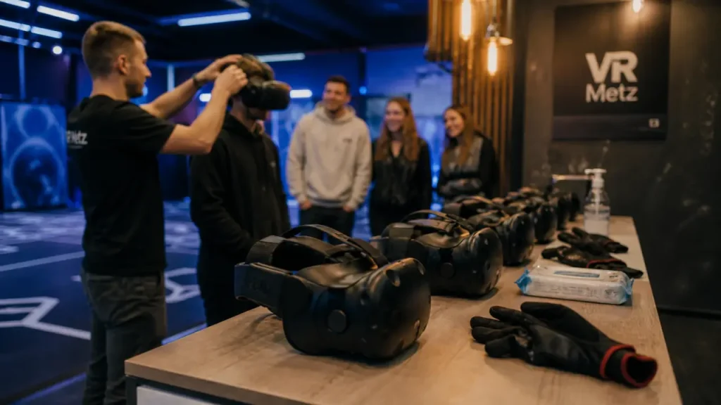 VR Metz : casques VR en salle, file et désinfection